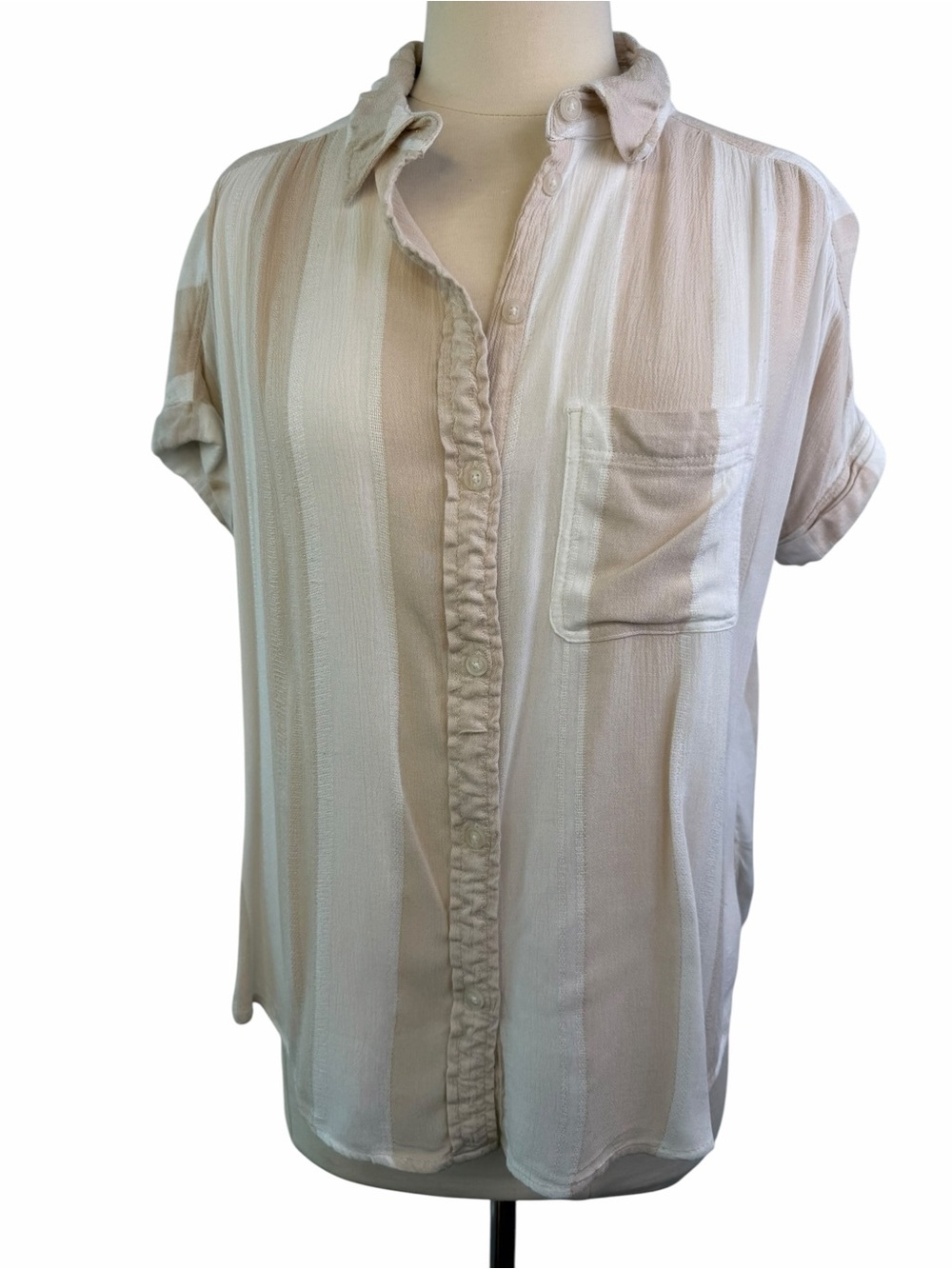 American Eagle Top Beige Stripe Button-Front short sleeve blouse Small - Picture 2 of 12